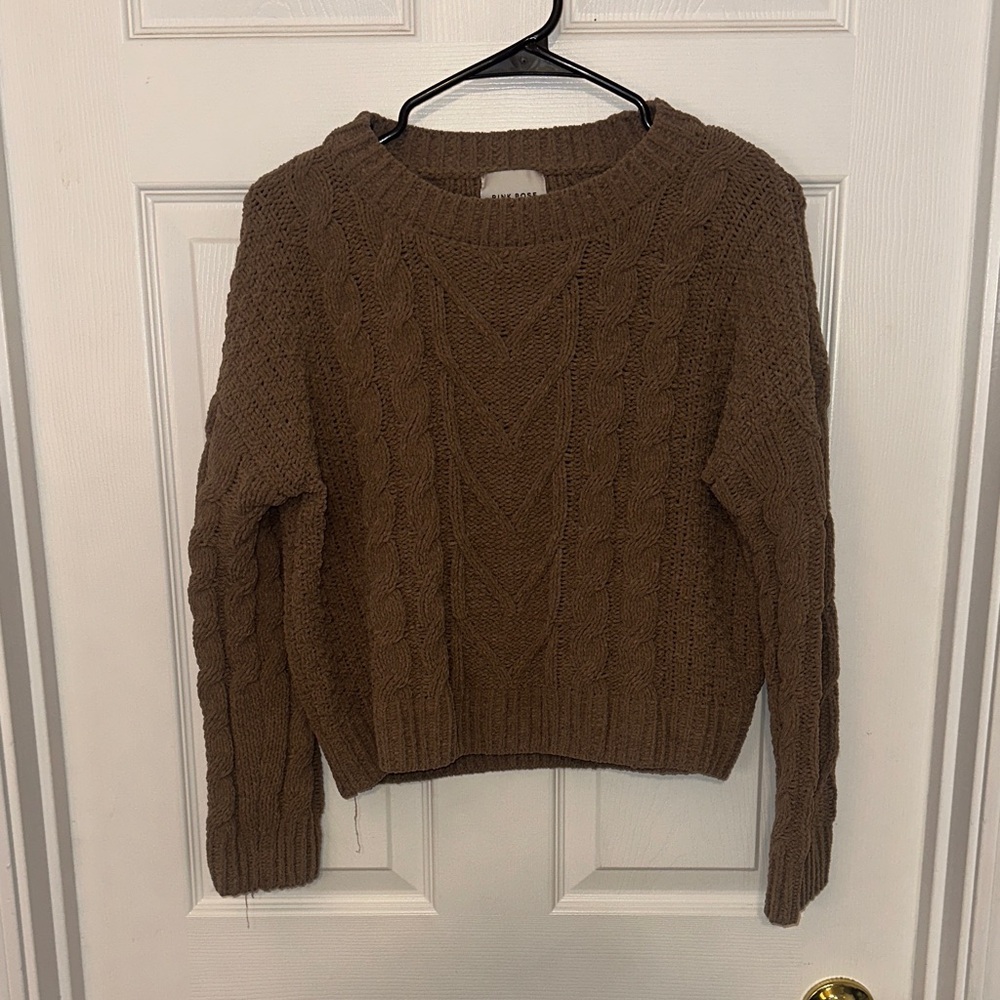 Pink Rose Brown Cable Knit Crew Sweater